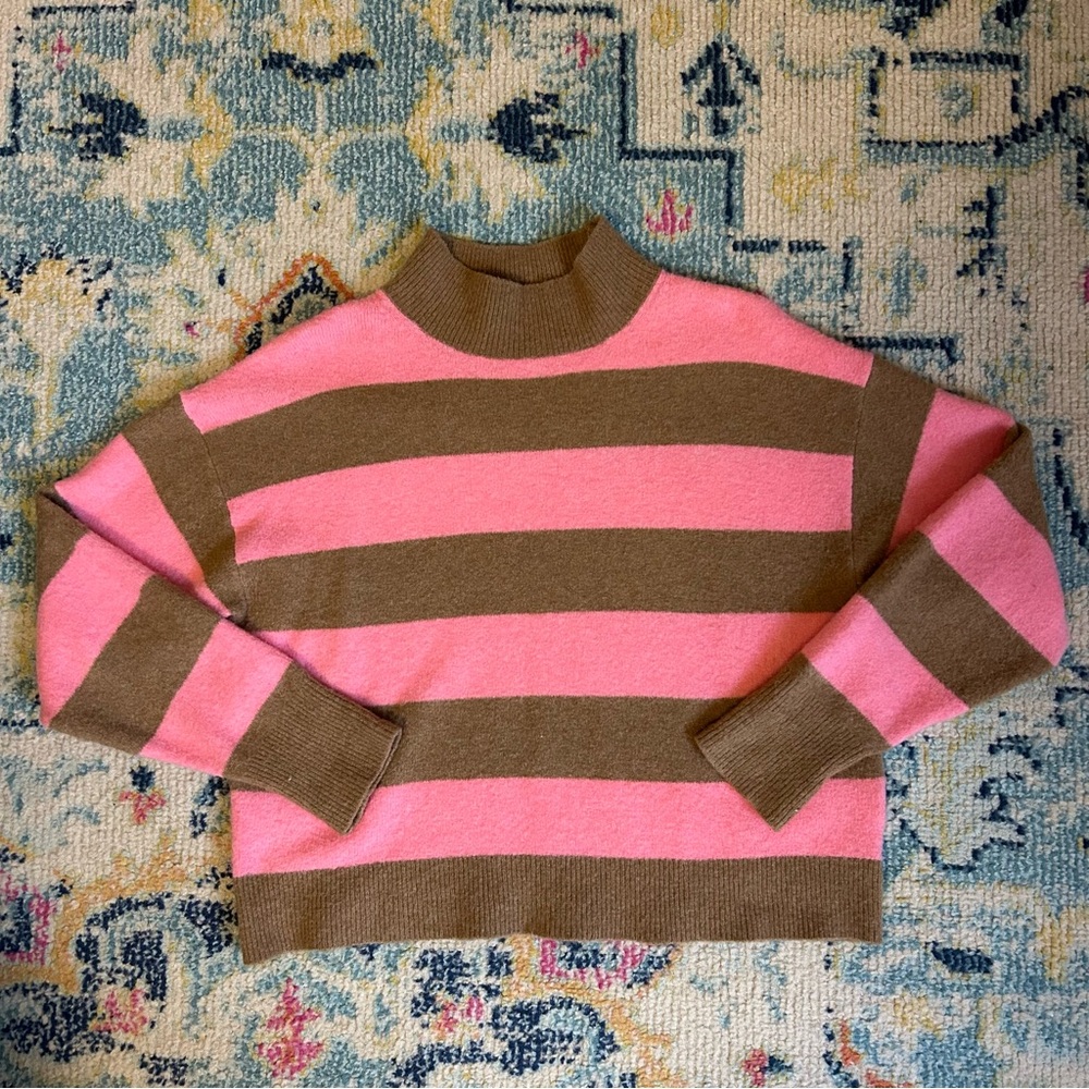 J. Crew Pink and Brown Striped Mock Neck Sweater